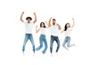 © LIGHTFIELD STUDIOS - excited multiethnic friends in jeans looking at camera while levitating on white.