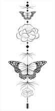 Hanging Decoration, Tattoo. Black And White Pattern With Flowers, Butterflies And Geometric Shapes, Illustration