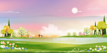 Spring Village With Green Field By The Lake, Pink, Blue Sky And Clouds,Backdrop Rural Nature Landscape In Springtime With Grass Land,flower And Sun Shining,Vector Spring And Summer Banner Background