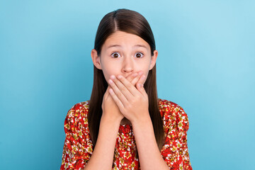 Sticker - Photo of youth lady anxious cover arms mouth tell confident information trouble isolated over blue color background