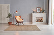 Leinwandbild Motiv Modern room concept interior style, chair fireplace frame wicker carpet decoration, grey stone wall background.