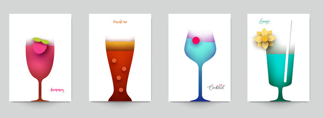 Wall Mural - Set of abstract silhouette cocktails with alcohol or juice in minimalistic geometric flat style. Creative colorful composition. Concept for branding menu, cover, flyer, banner. Vector illustration.