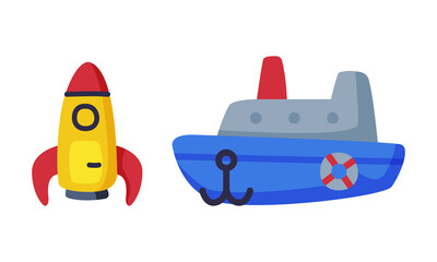 Canvas Print - Rocket and Ship as Colorful Kids Toy Vector Set