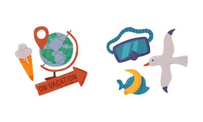 Poster - Globe with Point of Destination and Goggles as Travel and Tourist Item Vector Composition Set