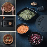 Fototapeta Tulipany - Legumes. Collage of four images. Various dried legumes - beans, lentils, mungo beans and chickpeas. Dark and moody. Social media post. 