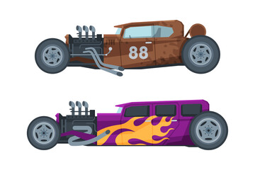 Wall Mural - American Hot Rod Car with Large Engine and Tubes for Speed and Acceleration Vector Set