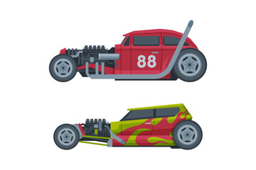 Poster - American Hot Rod Car with Large Engine and Tubes for Speed and Acceleration Vector Set