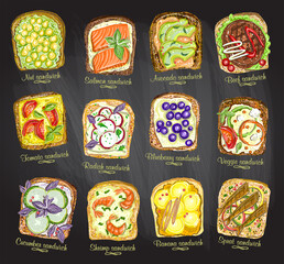 Wall Mural - Assorted sandwiches chalk style vector sketches