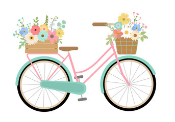 Hand drawn spring floral turquoise bike. Isolated on white background. Vector illustration. Retro bicycle with colorful flowers in crate and basket.