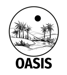 Oasis with palm trees and a lake in the desert. Hand drawn vector sketch illustration