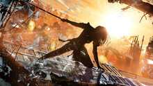 A Warrior Girl In An Epic Pose Was Thrown Against A Glass Building, She Was Injured, Surrounded By Thousands Of Glass Fragments, Against The Backdrop Of A Crumbling City In The Rays Of Sunset. 2d Art