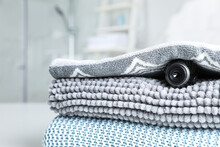 Camera Hidden Under Towel In Bathroom, Closeup