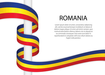 Waving ribbon on pole with flag of Romania. Template for independence day