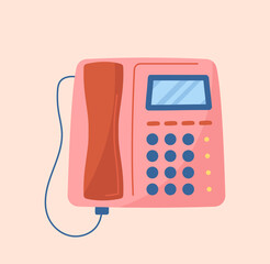 Poster - Modern landline phone concept. Sticker with pink phone with buttons, screen and wire. Device for making calls and communicating at home. Design element for printing. Cartoon flat vector illustration