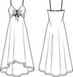 Vector maxi dress technical drawing, woman dress with gathering in front fashion CAD, sketch, template, flat. Jersey or woven fabric special occasion dress with front, back view, white color
