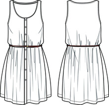 Vector Woman Summer Round Neck Dress Fashion CAD, Sleeveless Mini Dress With Belt And Buttons Technical Drawing, Template, Flat, Sketch. Jersey Or Woven Fabric Dress With Front, Back View,white Color
