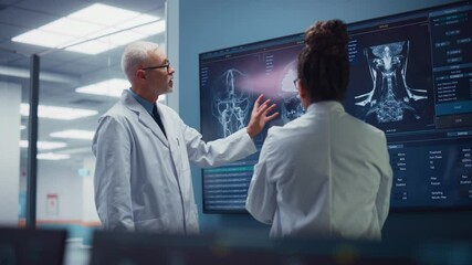 Wall Mural - Medical Neuroscience Hospital Lab Meeting: Diverse Team of Neurosurgeon and Neurologist Analyze TV Screen Showing MRI Scan with Brain Images, Talk About Sick Patient Treatment Method, New Drugs Cure