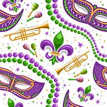 Vector Mardi Gras Seamless Pattern, Square Repeating Background Of Green Mardi Gras Beads, Purple Venetian Masks, Music Instruments, Cut Out Illustrations Of Mardi Gras Symbol For White Wrapping Paper
