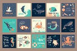 Fototapeta Pokój dzieciecy - Collection of marine cards or posters with various marine animals, seashells, seaweed, aquatic plants. Vector graphics.