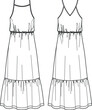 Vector flared long dress fashion CAD, woman maxi dress with shoulder straps technical drawing, frill detail dress flat, template, sketch. Jersey or woven fabric dress, front, back view, white color