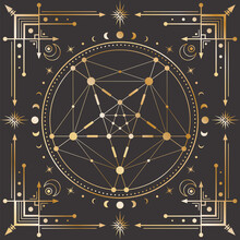 Vector Golden Celestial Background With Ornate Geometric Frame, Magical Circle With Outline Pentagram, Moon Phases, Arrows And Crescents. Mystic Linear Square Cover With A Star