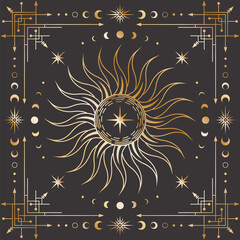 Wall Mural - vector golden celestial background with an ornate geometric frame with moon phases, arrows and cresc