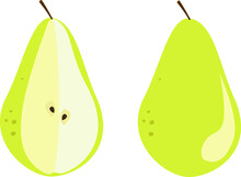 Pear Whole And Cut Vector Illustration, Pear Fruit Yellow Color Minimalistic Style