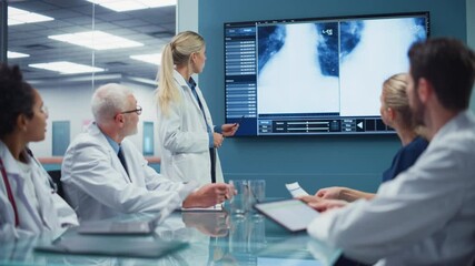 Wall Mural - Health Care Research Hospital Meeting Room: Female Physician Presents Patient X-ray on TV Screen, Team of Medical Doctors Discuss Treatment. Research Scientists Talk of Course of Cure, Drugs, Medicine