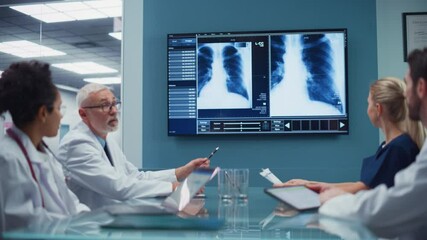 Wall Mural - Health Care Hospital Conference Meeting Room with Diverse Team of Medical Doctors. Scientists Talk, Discuss X-Ray shown on TV Screen. Medical Experts Develop New Drugs, Medicine, Treatment Method