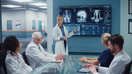 Wall Mural - Hospital Conference Meeting Room: Female Neurologist Shows MRI Scan Brain Images on TV Screen, Team of Neuroscientists, Doctors Discuss Patient Treatment, Drug Research, Medicine Development