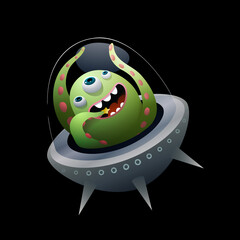 Wall Mural - Alien UFO Cosmonaut in outer space funny cartoon kids character. Little creature in outer space driving spacecraft. Kids clipart isolated on black background. Vector in watercolor style.