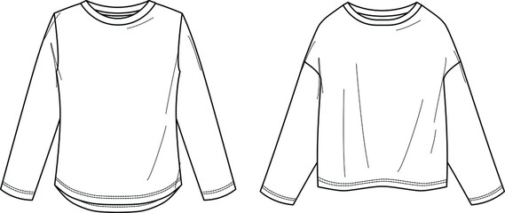 Vector long sleeved T-Shirt fashion CAD, woman round neck t-shirt technical drawing, basic top template, sketch, mock up.  Jersey or woven fabric top with front, back view, white color