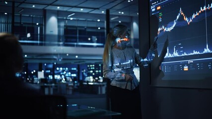 Poster - Business Conference Meeting Presentation: Businesswoman does Financial Analysis talks to Group of Businessspeople. Projector Screen Shows Stock Market Data, Investment Strategy, Revenue Growth