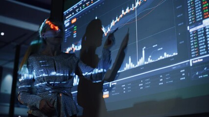 Poster - Business Conference Meeting Presentation: Businesswoman does Financial Analysis talks to Group of Businessspeople. Projector Screen Shows Stock Market Data, Investment Strategy, Revenue Growth