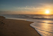 Sunset On The Beach And Silhouette Of Plover Birds. Sand Beach And Ocean Waves With Beautiful Sun Reflections