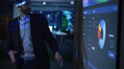 Poster - Conference Business Meeting Presentation: CEO Businessman Shows Data to Group of Investors, Businessspeople. Projector Screen Shows Graphs, Product Sales, Revenue Growth Strategy, e-Commerce Analysis