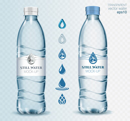 Wall Mural - Transparent vector mineral water plastic bottle for your advertising with collection of icons for your logo. Realistic isolated vector illustration 