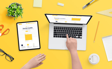 Leinwandbilder - Creating social media marketing strategy concept. Girl work on laptop and tablet with social network post layout. Top viw, flat lay
