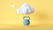 3d render, blue heavy weight is hanging under the levitating cloud, isolated on yellow background. Modern minimal scene. Abstract paradox metaphor