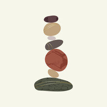 Balance Pebble Stone Harmony Vector Illustration. Simplicity Calm And Zen Of Cairn Rock Shape. Simple Poise Tower. Circle Color Stones With Gold Grunge Texture. Balance Concept. Poster, Card, Print