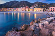 View of the beach of Varigotti during blue hour. Liguria, Italy