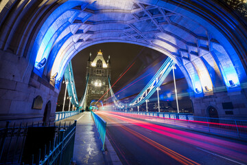 Poster - Tower Bridge with evening traffic lights in London. England 