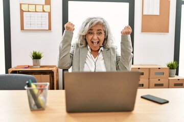 Poster - Middle age businesswoman sitting on desk working using laptop at office very happy and excited doing winner gesture with arms raised, smiling and screaming for success. celebration concept.