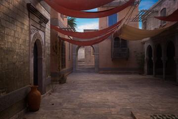 Poster - Empty courtyard in an old medieval Moroccan town with an archway leading to steps on the far side. 3D illustration.