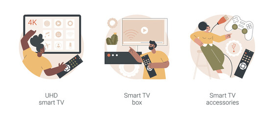 Poster - home cinema abstract concept vector illustration set. uhd smart tv box, smart tv software, applicati