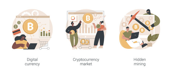 Poster - Digital money turnover abstract concept vector illustration set. Digital currency, cryptocurrency market, hidden mining, embed script development, blockchain technology, transaction abstract metaphor.