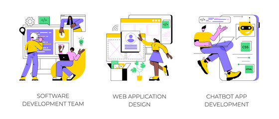 Professional programming abstract concept vector illustration set. Software development team, web application design, chatbot app, remote teamwork, outsource company, user interface abstract metaphor.