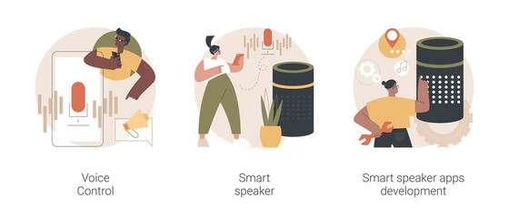 Poster - speech recognition technology abstract concept vector illustration set. voice control, smart speaker