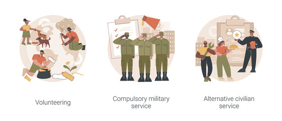 Poster - Community service abstract concept vector illustration set. Volunteering and compulsory military and alternative civilian service, mandatory work, non-profit social organization abstract metaphor.