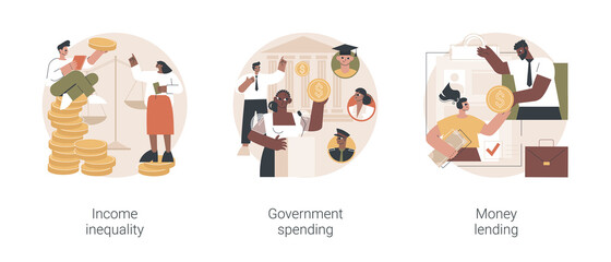 Poster - Money distribution abstract concept vector illustration set. Income inequality, government spending, money lending, salary gap, country budget, bank credit, individual loan, welfare abstract metaphor.